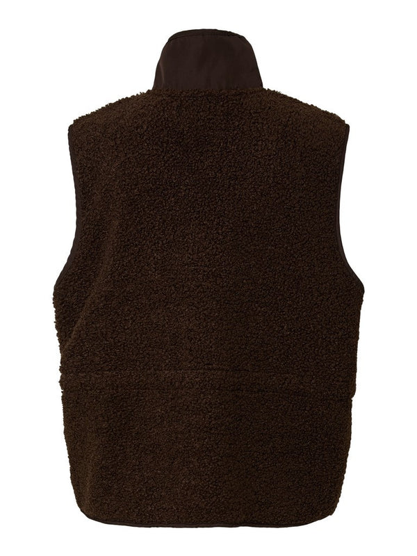 Back view of PIECES Katty teddy fleece vest in Hot Fudge brown
