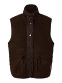 PIECES Katty teddy gilet in Hot Fudge brown, front view with high collar and button fastening

