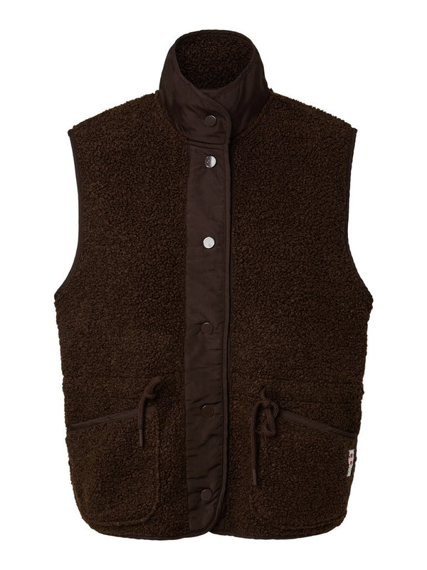 PIECES Katty teddy gilet in Hot Fudge brown, front view with high collar and button fastening
