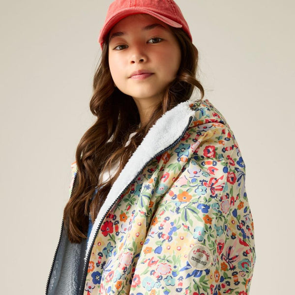 Cath Kidston kids waterproof changing robe in Cream Ditsy worn by model