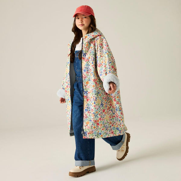 Cath Kidston kids waterproof changing robe in Cream Ditsy worn by model