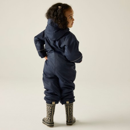 Child wearing Regatta Splosh III Navy waterproof suit from the back