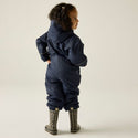 Child wearing Regatta Splosh III Navy waterproof suit from the back