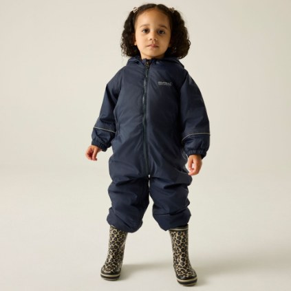 Child wearing Regatta Splosh III Navy waterproof suit lifestyle view