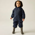 Child wearing Regatta Splosh III Navy waterproof suit lifestyle view