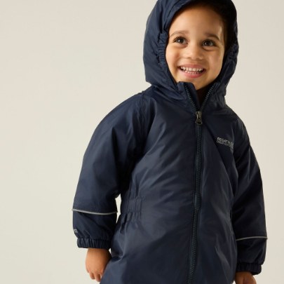 Regatta Splosh III Navy waterproof suit hood and reflective trim detail