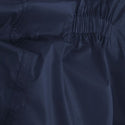 Close-up of dark navy blue fabric with a gathered elastic waistband and stitched seam details.