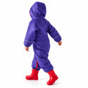 Child wearing Regatta Splosh III Peony waterproof suit from the back