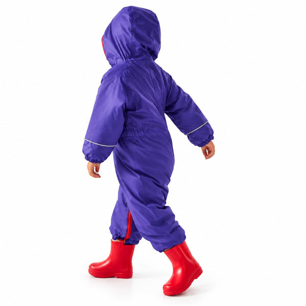Child wearing Regatta Splosh III Peony waterproof suit from the back