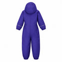 A children's hooded snowsuit shown from the back, in a solid purple color with thin light gray piping details on the sleeves, displayed against a plain white background.