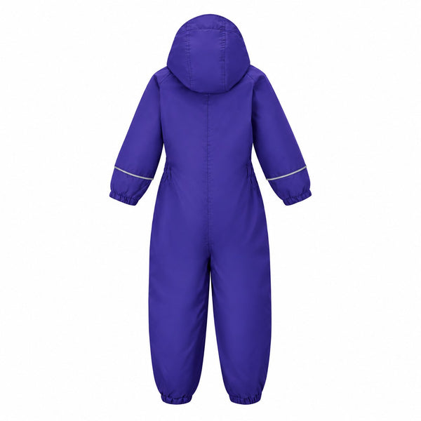 A children's hooded snowsuit shown from the back, in a solid purple color with thin light gray piping details on the sleeves, displayed against a plain white background.