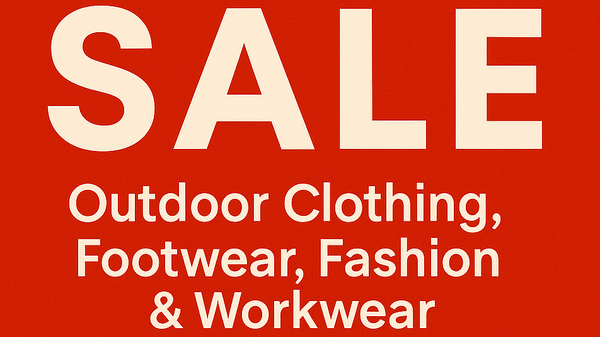 Red sale banner with white text advertising outdoor clothing, footwear, fashion, and workwear.