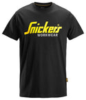 Snickers Workwear 2586 Classic Logo T-Shirt Black front view showing large yellow Snickers logo on chest