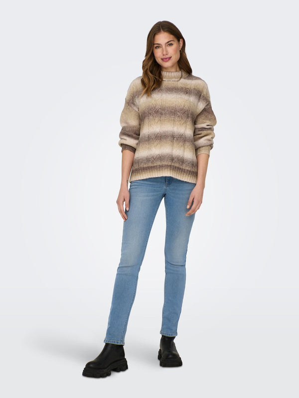 JDY Ulla Long Sleeve High Neck Cable Knit Pullover-TAPIOCA