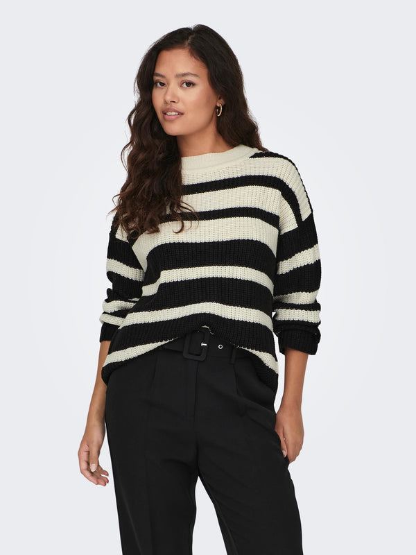 JDY Justy Long Sleeve Pullover Knit-BLACK WHITE