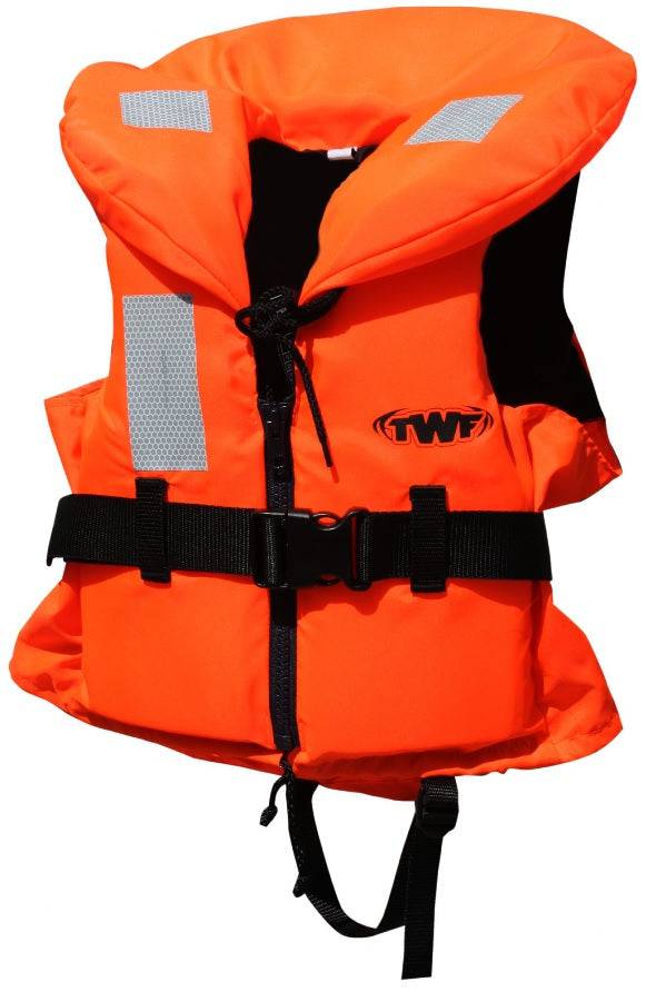 TWF Adults 100N Life Jacket in orange with reflective safety panels and adjustable leg straps for boating and watersports in Ireland.