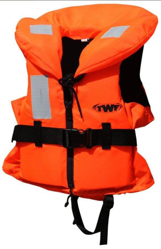 TWF Kids 100N Life Jacket in bright orange with reflective safety panels and adjustable straps for children's boating and watersports safety in Ireland.