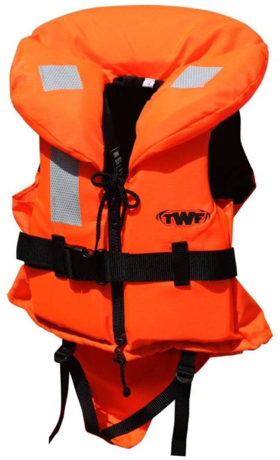 TWF Kids 100N Life Jacket in bright orange with reflective safety panels and adjustable straps for children's boating and watersports safety in Ireland.